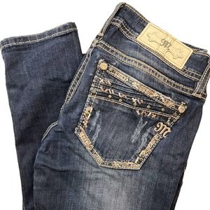 Miss Me Blue Denim Cuffed Straight Signature Jeans Size 25 Embroidered